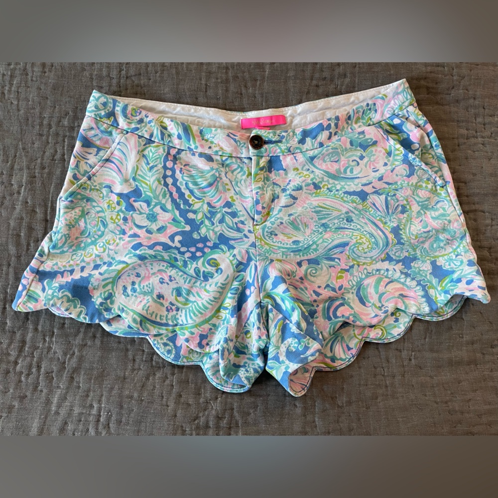 Lilly Pulitzer Buttercup Knit Scallop Shorts Multi Dream Team Sz 12 $68 Paisley